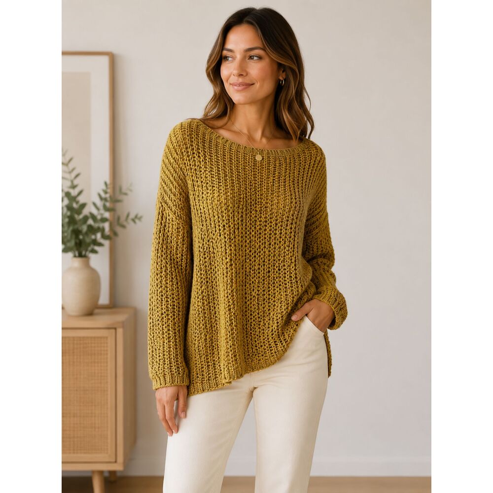 Josephine Chaus Open Knit Sweater Coastal Grandmother Lagenlook Mustard Tunic